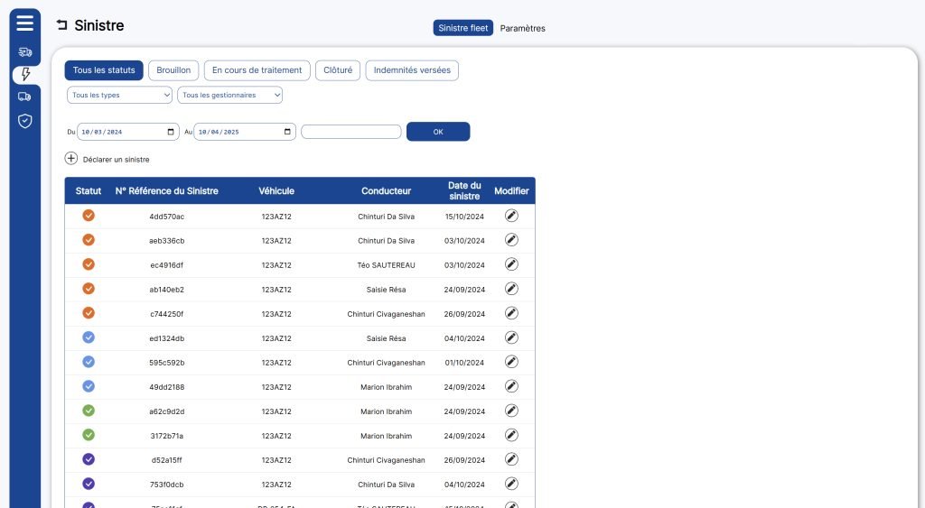 Plateforme UERP avec tableau récapitulatif de sinistres